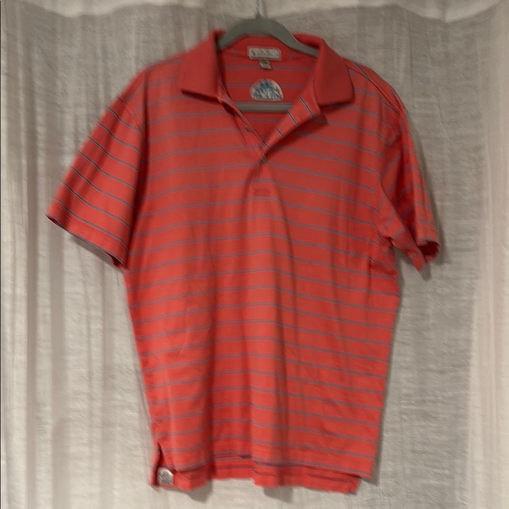 Peter Millar Coral and Blue Striped Polo Shirt